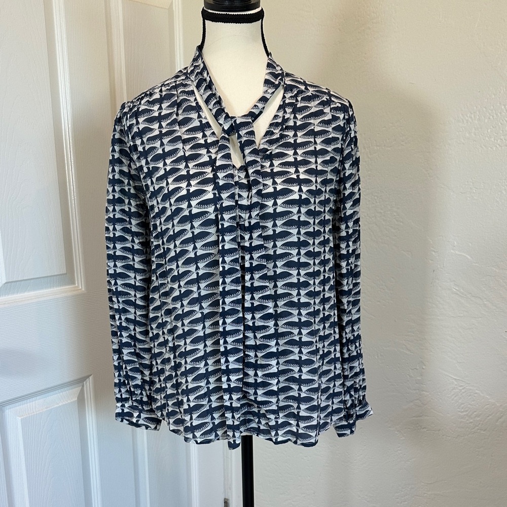 Oat + Fawn Navy and Cream Bird Pattern Blouse- Anthropologie